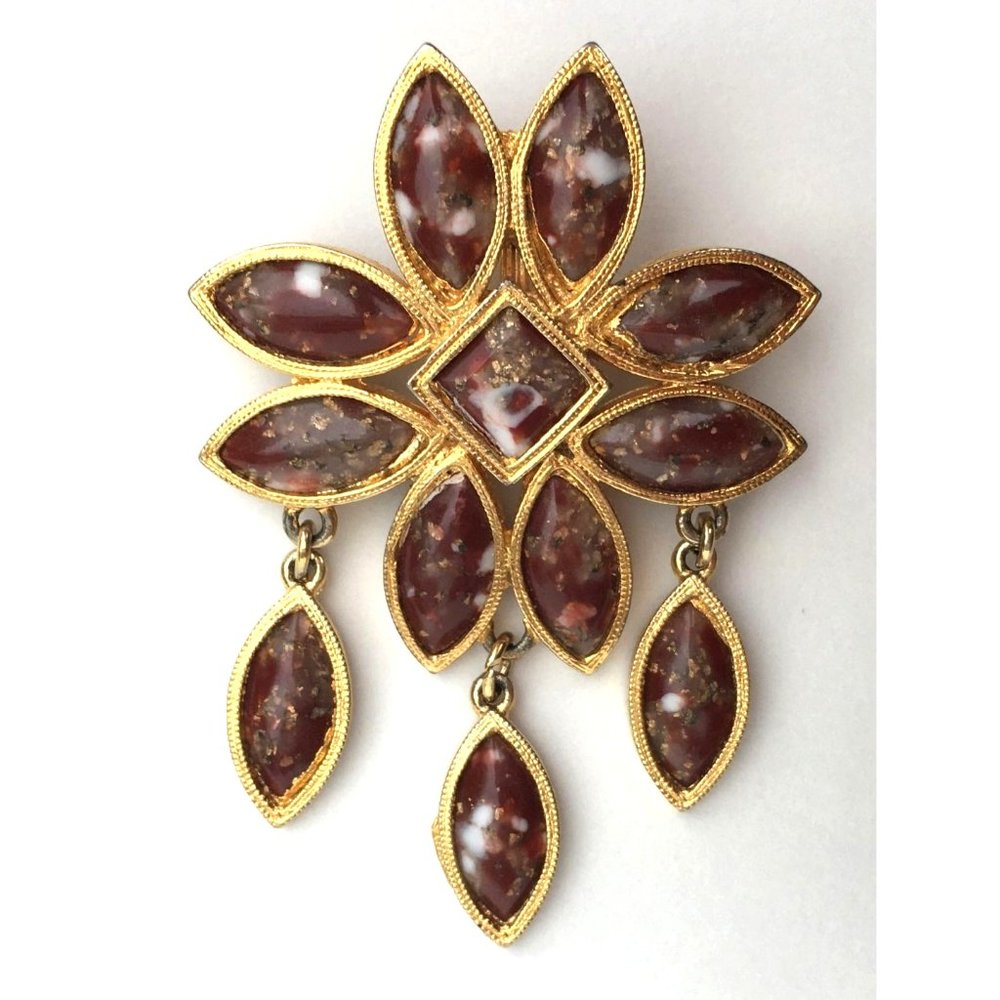 Vintage Signed CELEBRITY NY Red Matrix Dangle Pin Brooch / Pendant Gold Tone